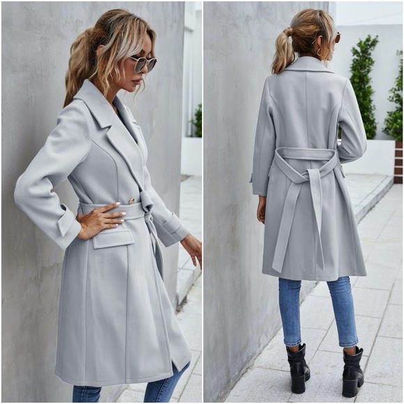 Trench Coat Double Breast Buttons belt pea coat - Picture 13 of 16